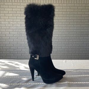 Stuart Weitzman Boots Tall Black Suede High Heel Fox Fur Size 8